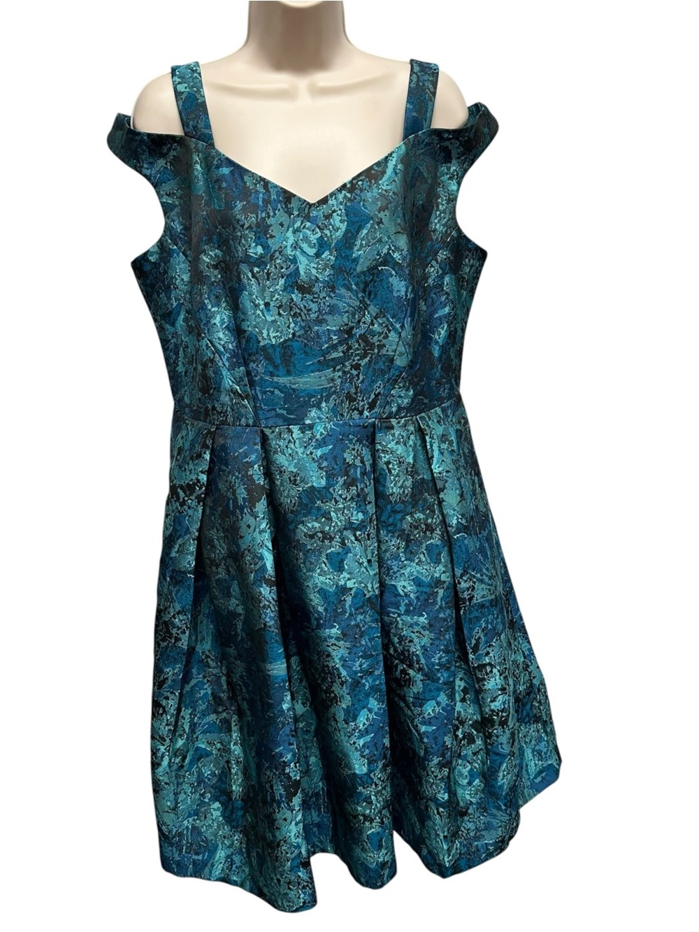 Maggy London fit and flare dress blue abstract floral off shoulder women’s 14